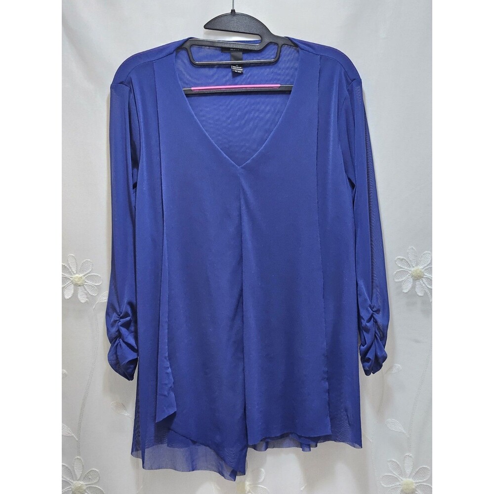 Alfani Womens Medium Blue Top Sheer Nylon Solid Career Business Lined V-Neck